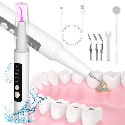 Rechargeable Oral Teeth Cleaner Kit - Waterproof Plaque Remover with Advanced High Frequency Vibration, 1500 mAh Battery, LED Light, 3 Replaceable Heads, 5 Switching Modes for Home Gum Health Care