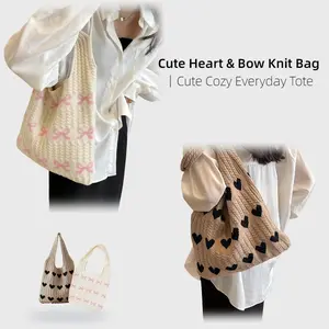Lady's Bow and Heart Pattern Knitted Shoulder Bag - Fashionable Decorative Tote Bag for Daily Use Casual Style Trendy Design Multi-Functional Large Capacity High-Quality Commuting Bag