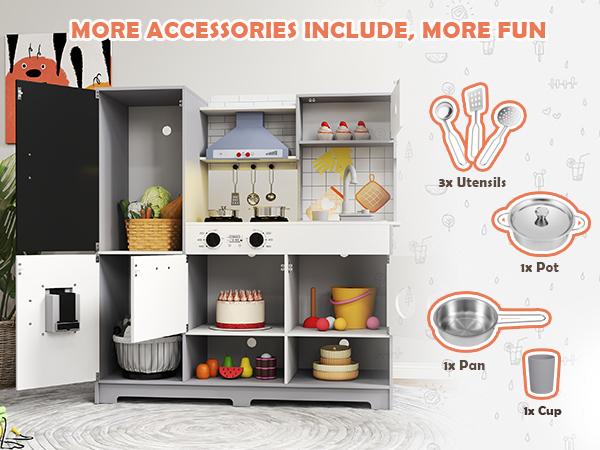 Kids Play Kitchen Set Pretend Wooden Toy with Running Water Oven Ice Maker Blackboard & Recycling Bin for Toddlers Ages 3+