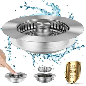 3-in-1 Kitchen Sink Drain Strainer, Stainless Steel Sink Plug, Deodorizing Anti-Clog Basket Strainer for US Standard 3-1/2 Inch Drains