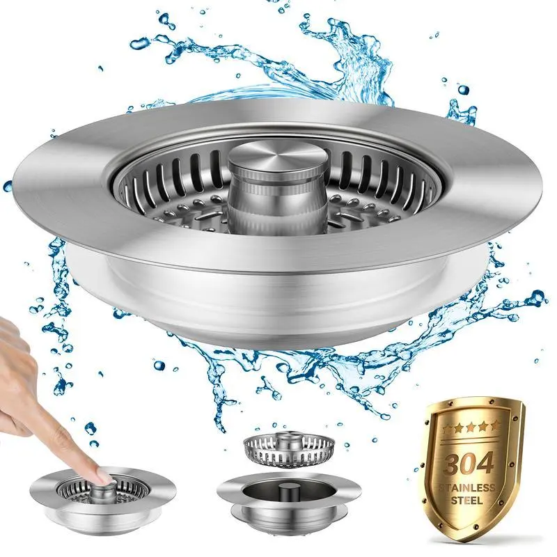 1 Pcs 3-in-1 Stainless Steel Nickel Kitchen Sink Strainer Stopper - Removable Deodorizing Anti-Clog Basket, Food Drain Protector, Sink Plug with Water Storage/Filtration, for 3-1/2 in US Standard Drains, Kitchen Fixture Accessory