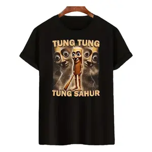 Men'S Casual Graphic T-Shirt - "Tung Tung Tung Sahur" Design with Cartoon Character, Black Short Sleeve Tee for Summer Beach & Hiking Outings, Beach Tshirt | Playful Design | Stretchable Fabric