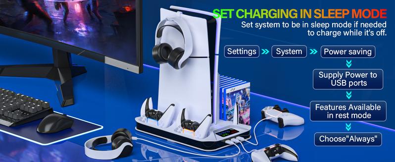 PS5 Cooling Station with Dual Controller Charging Base, 3-Level Silent Cooling Fan, Vertical Stand for PS5/Slim/Pro Disc & Digital, Christmas gifts