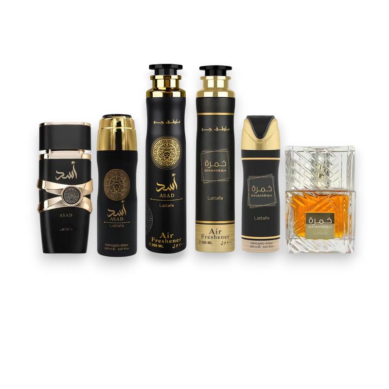 Lattafa Perfumes | Khamrah + Asad | Eau De Parfum + Air Freshener + Body Spray Bundle | 100 ML - 300 ML | Men's Fragrance | Sweet - Fresh Spicy & Amber