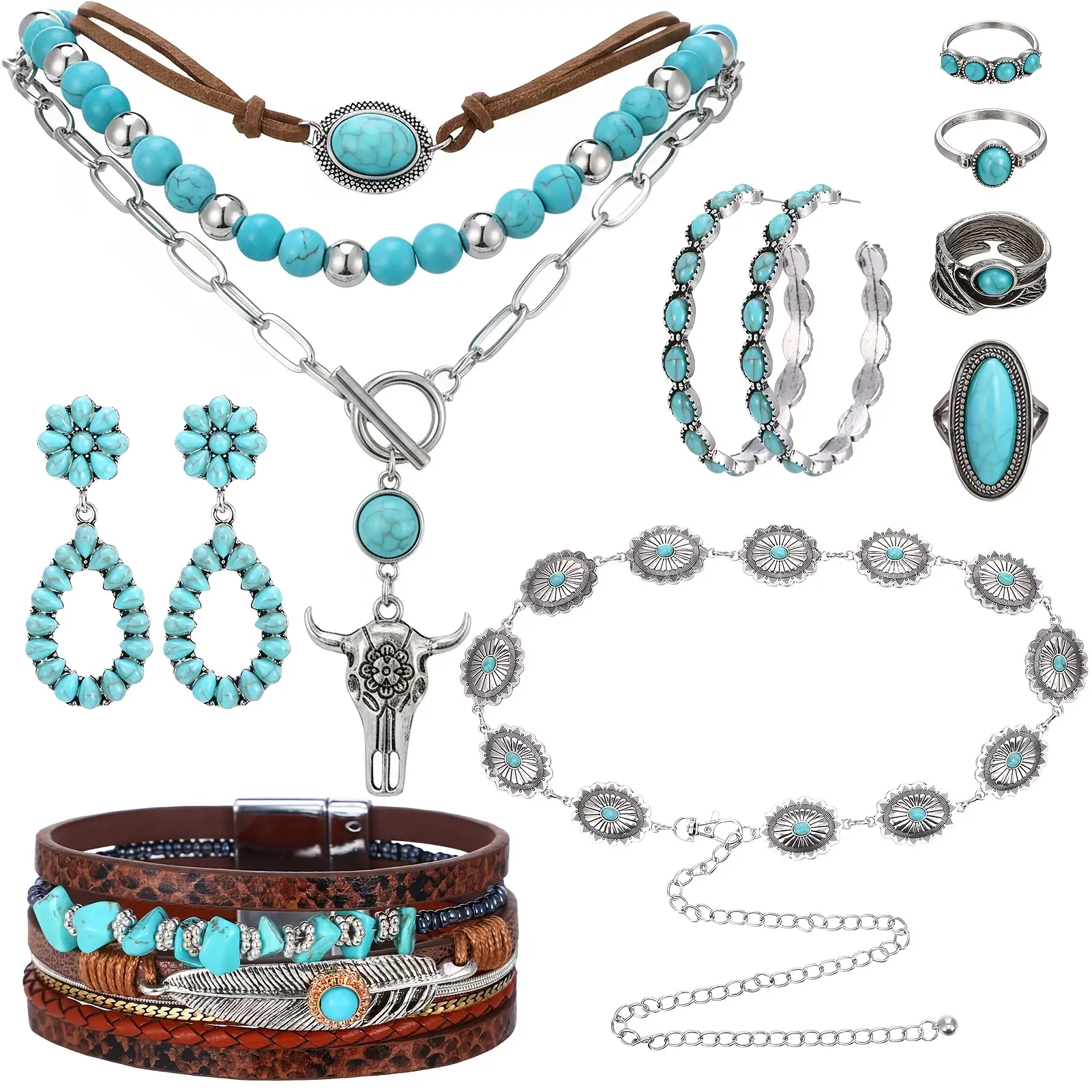 Women's 5-Piece Vintage Western Boho Concho Jewelry Set - Silver-Plated Turquoise Dangle Earrings, Necklace, Bracelet, Ring, Belt - Accessories for Women, Funky Unique Accessories, Thoughtful Gift, Easy to Wow for Parties