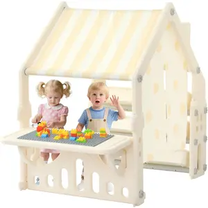 【New Arrival】Kids Playhouse with Building Block Panel and Categorized Storage Compartments, Featuring Roof and Curtains Indoor Play Storage for Toddlers, Packed with Creative Fun Shelves & Racks Khaki