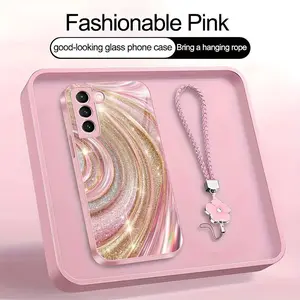 Luxury Rose Gold Swirl Phone Case with Flower Lanyard, Glitter Pink Art Aesthetic Cover for Galaxy S21 5G ---975
