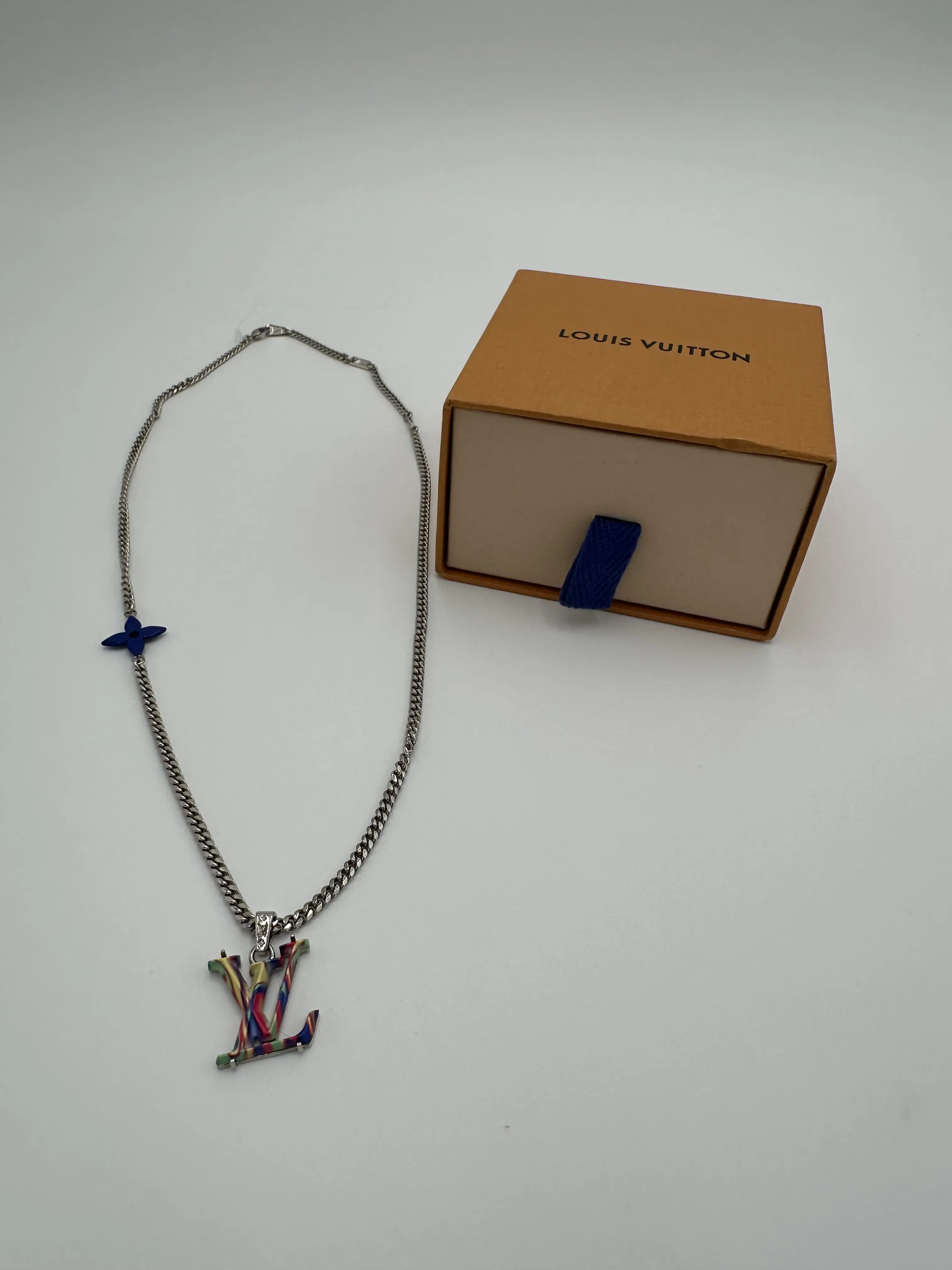 Pre-owned Louis Vuitton Psychedelic Necklace, Vintage Rainbow Enamel Design with Charms Including Blue Monogram Flower Charm, Lobster Clasp