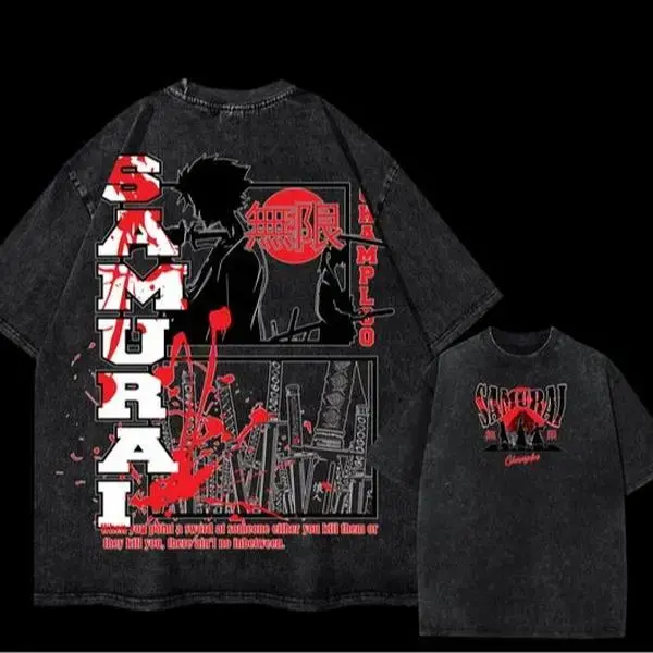 Mugen “Samurai Champloo” Oversized Tee – Washed Heavyweight Cotton, Double Printed Edo Era Sunset & Sword Draw Pose, Official Vintage Anime Streetwear for Hip-Hop Ronin Fans & Champloo Collectorsg Prospero Graphic, Lorecore Streetwear for Grimdark Fans