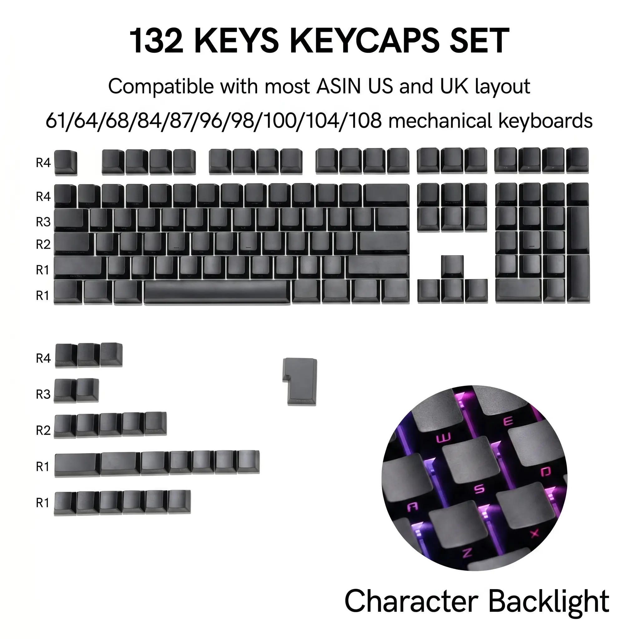Womier 132-Keys Gradient Double Shot PBT Plastic Keycaps, Shine-Through Cherry Profile, Low-Curved Ergonomic OEM Shape with Printed Legends, Ideal for Gaming Mechanical Keyboards, All Layout Compatible (Keycaps Only)