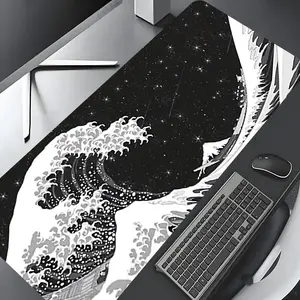 Japanese Mount Fuji & Ocean Waves  Pattern Desk Mat, Rectangle Gaming Desk Mat, Non-slip Rubber Pad, Desktop Decoration Protection Pad for Home Office, Desk  Poccessories