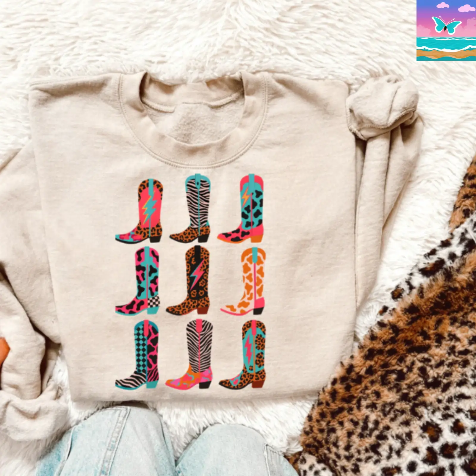Mix print boot Crewneck & T-shirt, Western cowboy Graphic Hoodie, Trending western Graphic Hoodie, Western Boutique, Handmade, cowboy stuff, western sweatshirt, Outdoorsy gifts