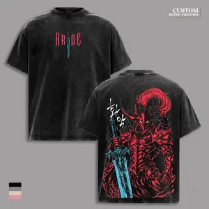 Igris Solo Leveling Vintage Washed Oversized T-Shirt – Shadow Knight Commander Anime Graphic Tee, Sung Jin-Woo Shadow Army Heavyweight Cotton Dark Fantasy Streetwear Gym Shirt Unisex Fan Gift Merch