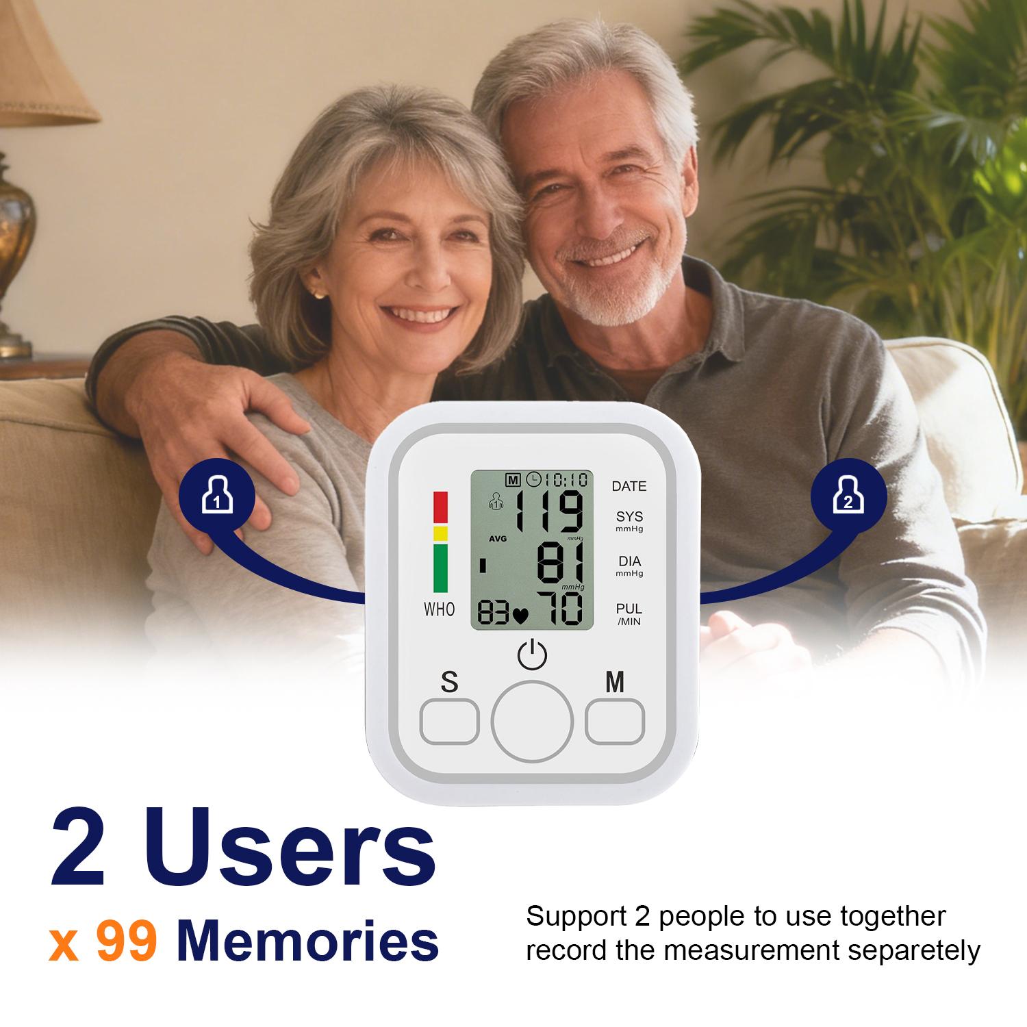 Arm Blood Pressure Monitor - LCD Display, Adjustable Cuff, 99x2 Memory Sets, Digital BP Machine for Home Use, Battery not included