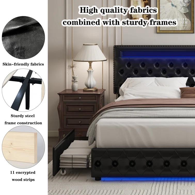 GEGOFORU Full LED Storage Bed Frame with 4 Drawers, RGB Upholstered Headboard with APP Control & Music Sync, Adjustable Headboard, No Box Spring Needed