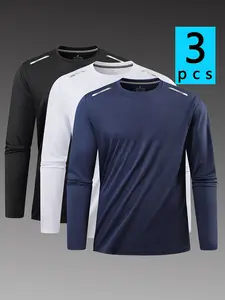 Set of 3 men’s ice silk long-sleeve T-shirts for spring/summer, crew neck quick-dry tops; also suitable as outdoor quick-dry shirts, ideal for running, training, fitness, and casual wear.