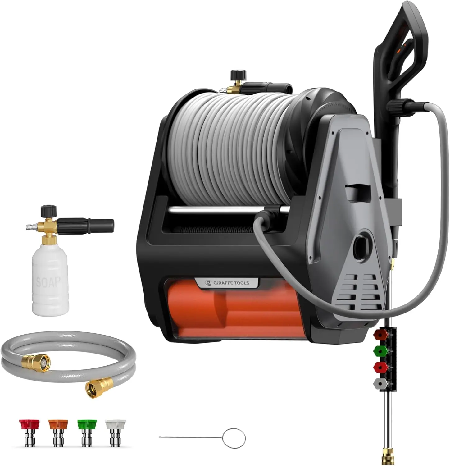[BackToSchool] Giraffe Tools Grandfalls Retractable Pressure Washer Pro with 100ft High-Pressure Hose Upgraded Motor & Total Stop System Eco-Friendly Soft Hose 3700 PSI 1.6 GPM