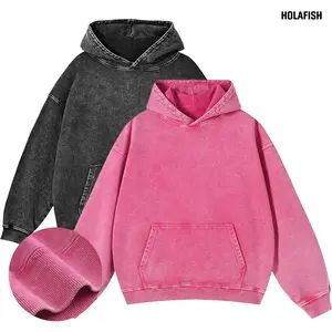 Holafish Oversized Acid Wash Hoodie Polyester Cotton Blended Sweatshirt Vintage Loose Fit Winter Long Sleeve Comfy Cotton Fleece Jacket with Kangaroo Pocket