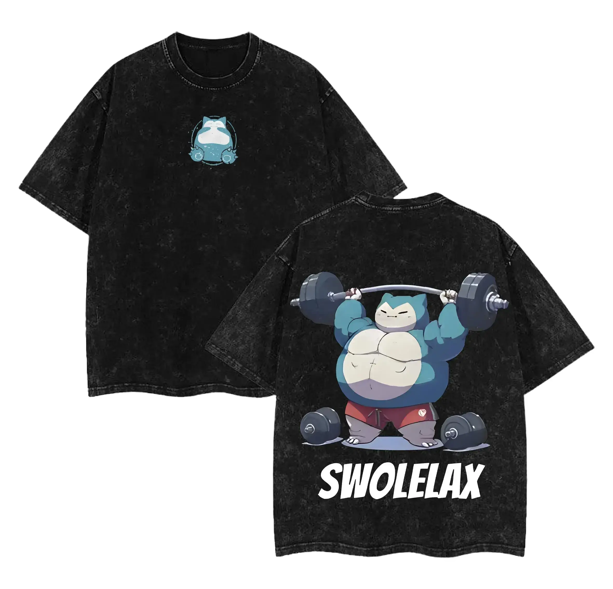 Men's Oversized Baggy Anime Snorlax Graphic Tshirt - Heavyweight Vintage Washed Cotton Ribbed Classic Top, Funny Workout Gym Clothes, Anime Merchandise
