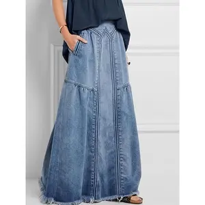WOMEN'SvintagedenimlongskirthighwaistrawhemalinejeansskirtforsummerSpringfashion