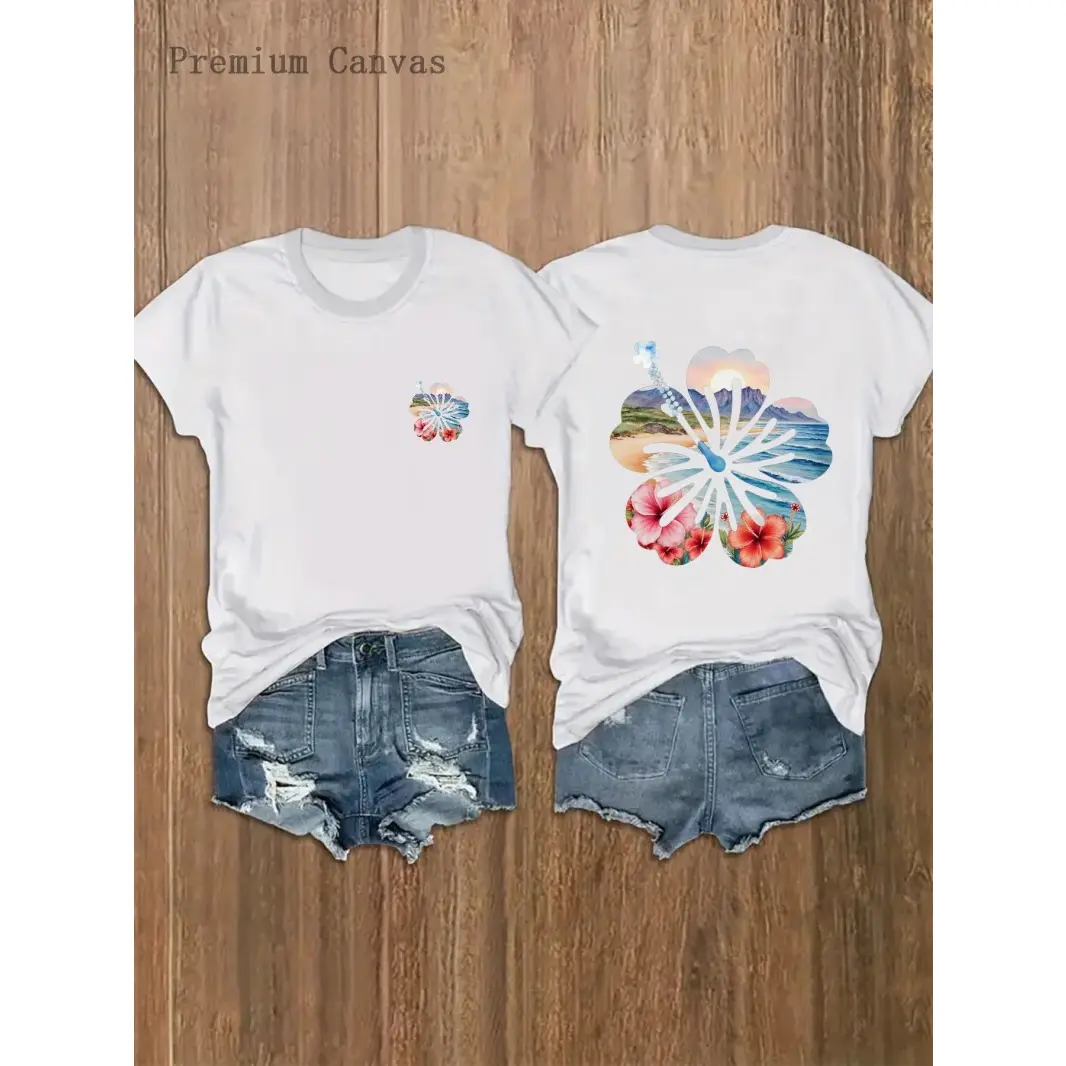 Women's Cotton Short-Sleeve Graphic T-Shirt - Hibiscus Flower Beach Sunset HD Print, Round Neck, Drop Shoulder, Soft Breathable Lightweight Top for Summer Vacation, Casual Everyday Streetwear, Shortsleeve, Tshirt