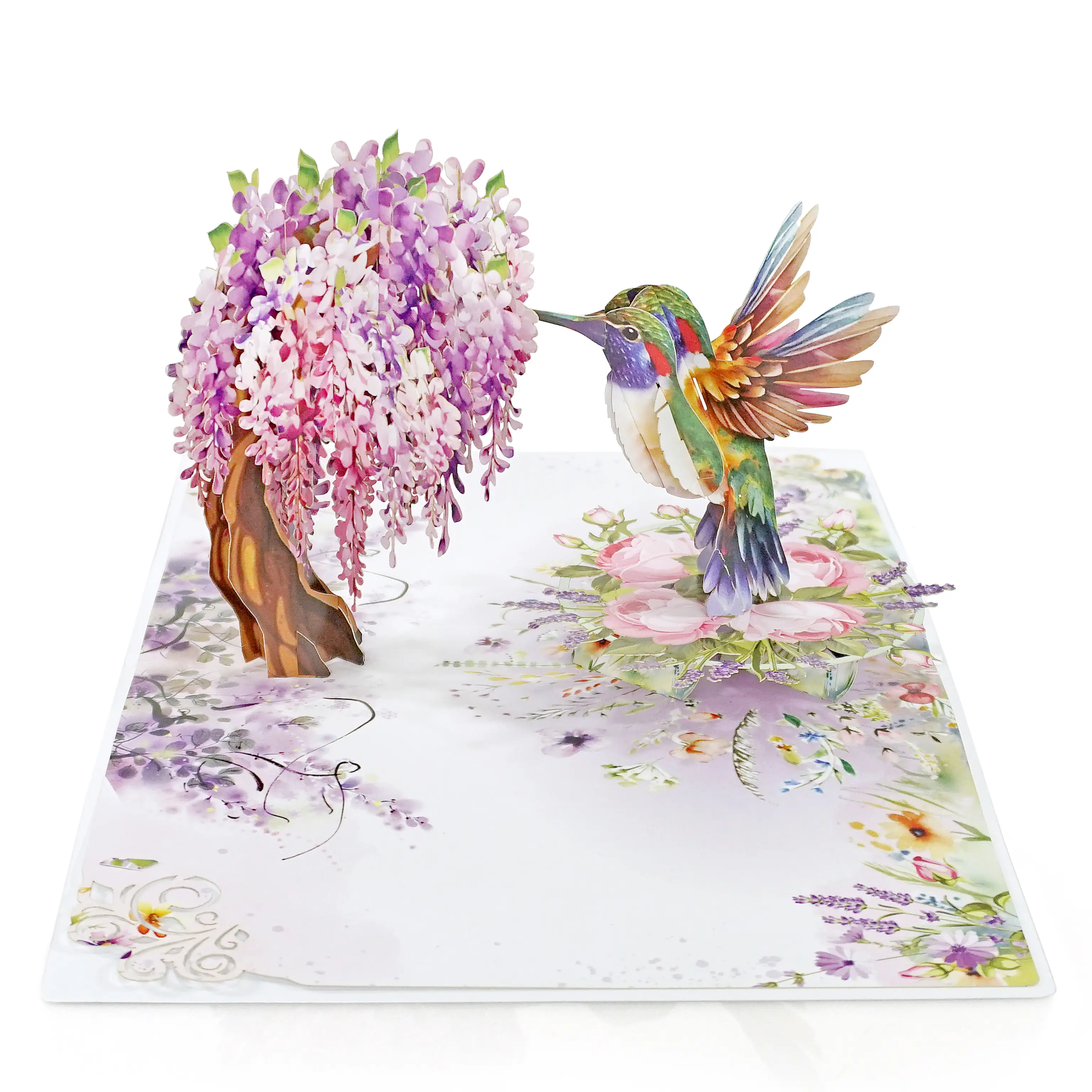 CUTPOPUP Handmade Art 3D Floral Hummingbird Wisteria Pop-Up Greeting Card - Women's Occasion Card for Wife (Birthday, Anniversary) US8-AN162US