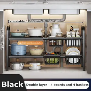 Expandable Under Sink Organizer, 2 Tier Under Sink Shelf with 4 Removable Baskets and 4 Removable Panels for Cabinet Sink Cloakroom Wardrobe Closet Storage