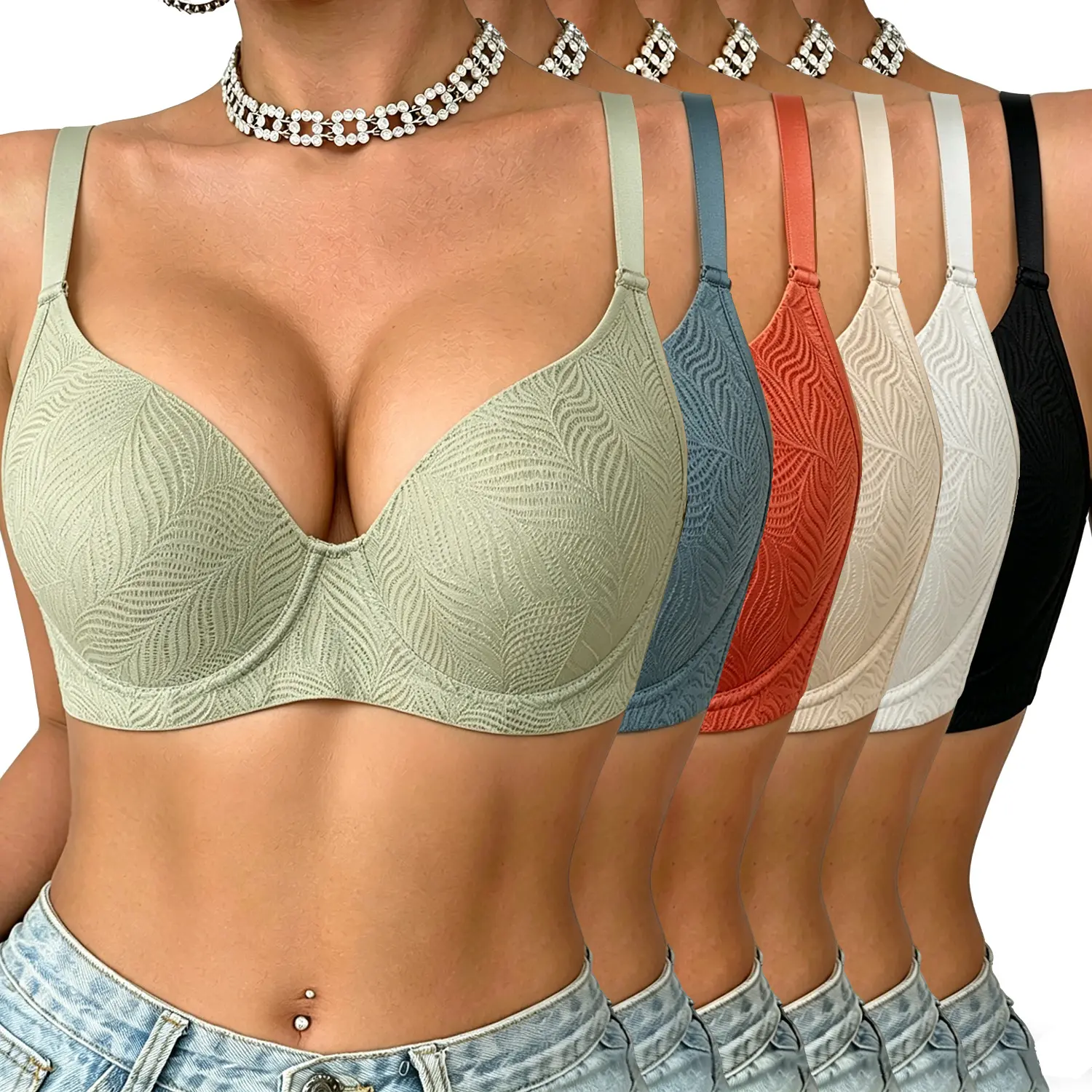Women's 6 Pack Contrast Lace Underwire Bras - Solid Jacquard, Seamless, Supportive, Adjustable, Push Up for Enhanced Cleavage, Breathable, V-Neck Everyday Luxurious Intimate Lingerie, Contrast Lace Bra, Bras For Women
