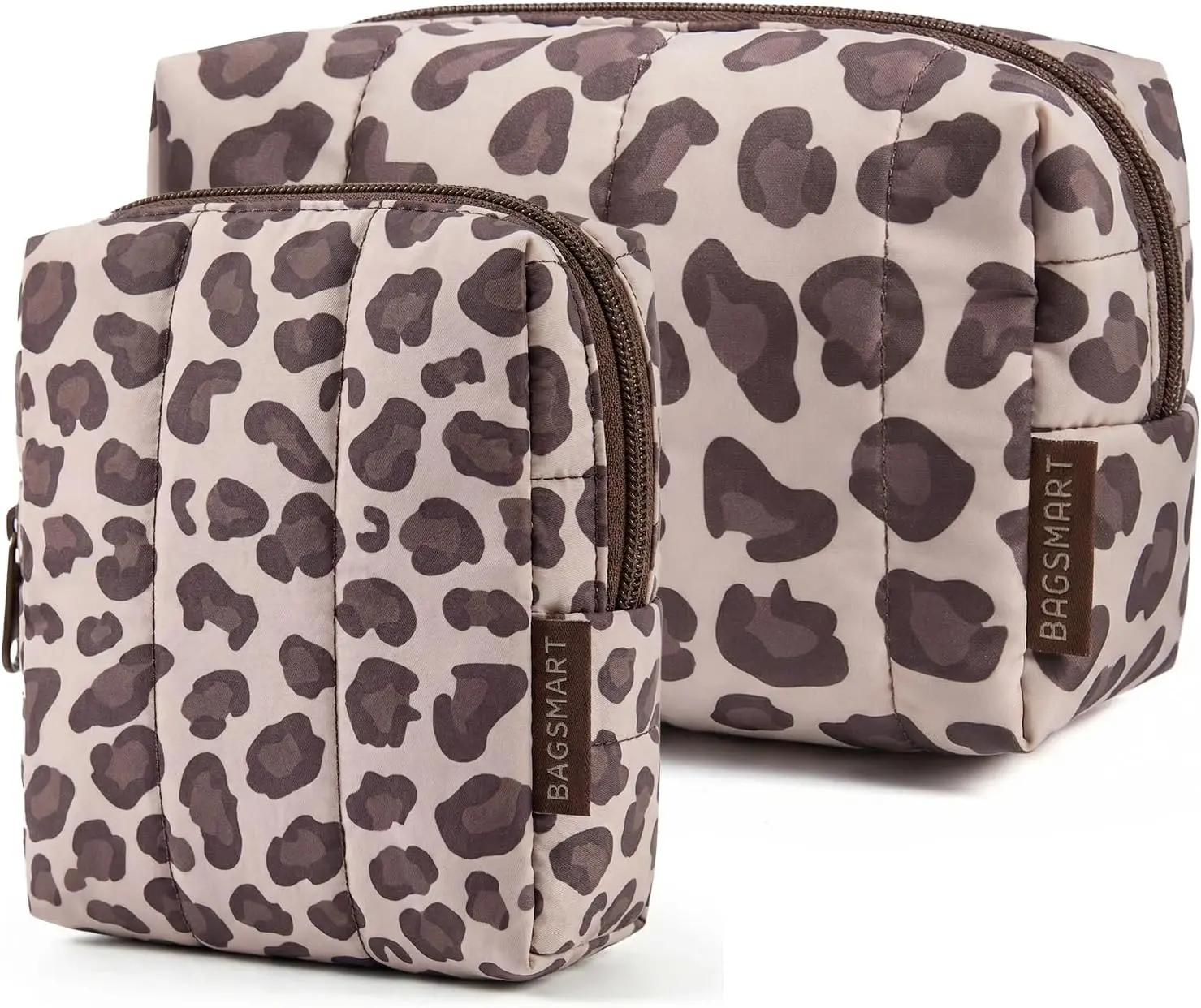 BAGSMART Women's 2-Piece Leopard Puffy Padded Travel Organizer Set - Large Toiletry Bag, Small Purse Pouch with Slip-in Pockets, Travel Essentials