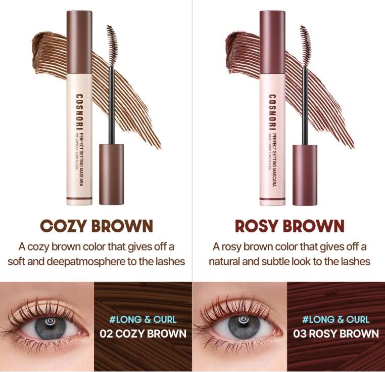 COSNORI Perfect Setting Waterproof Mascara Long&Curl 02 Cozy Brown – Long Lasting Smudge - Brown Mascara - Soft Definition for Blue & Green Eyes - K Beauty - 0.23fl oz (7ml)