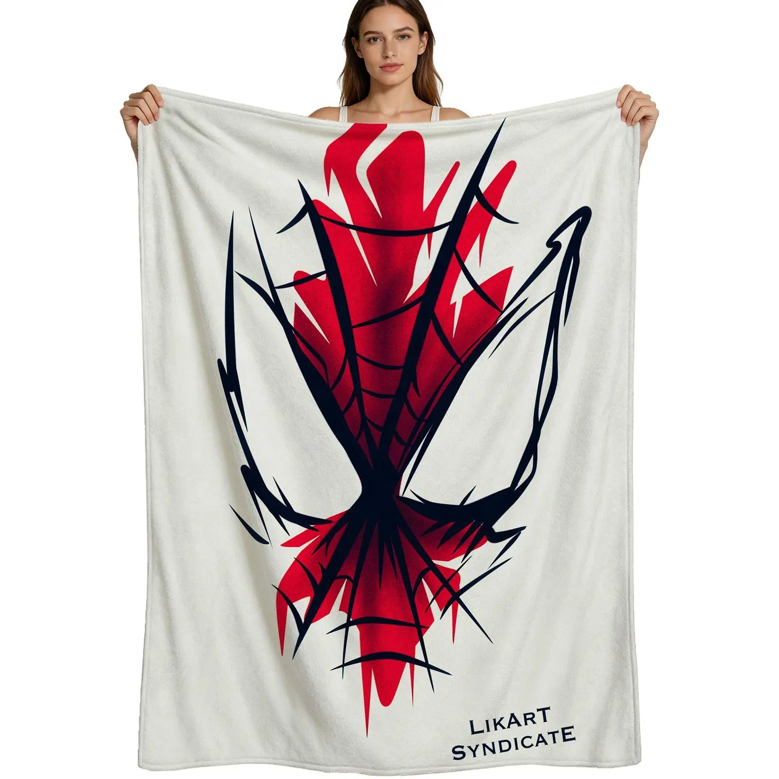 Spiderman-Style Warm Flannel Blanket, Red and Black Web Pattern Soft Fleece Throw, Spider Fan Bedroom Decor, 4 Sizes Available Single Pack