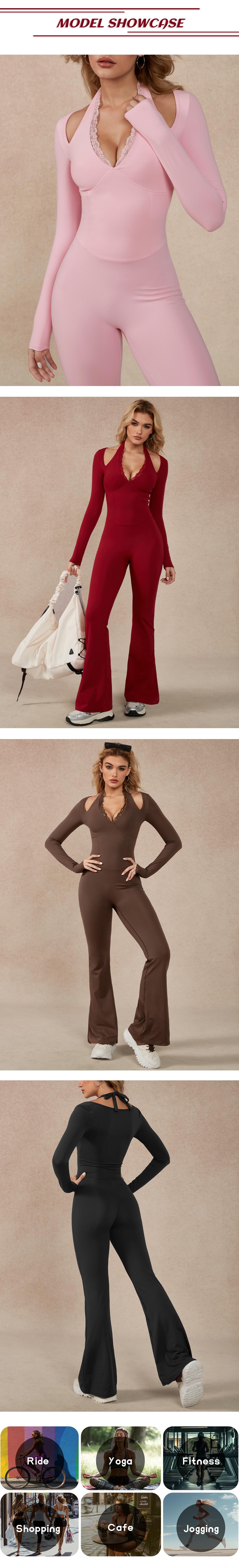 TimeOFF Women's Long-Sleeve Lace-Trim Halter Jumpsuit, Deep V-Neck & Flared Pant Hem, Solves Stylish Support & Flexible Fit Need for Yoga, Dance Workouts & Fashion-Forward Fitness Sessions,jumpsuit women jumpsuit for women