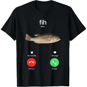 Cotton Fih Calling Remind me Message Decline Accept Phone Call Fish T-ShirtFit Casual Streetwear Men Gifts