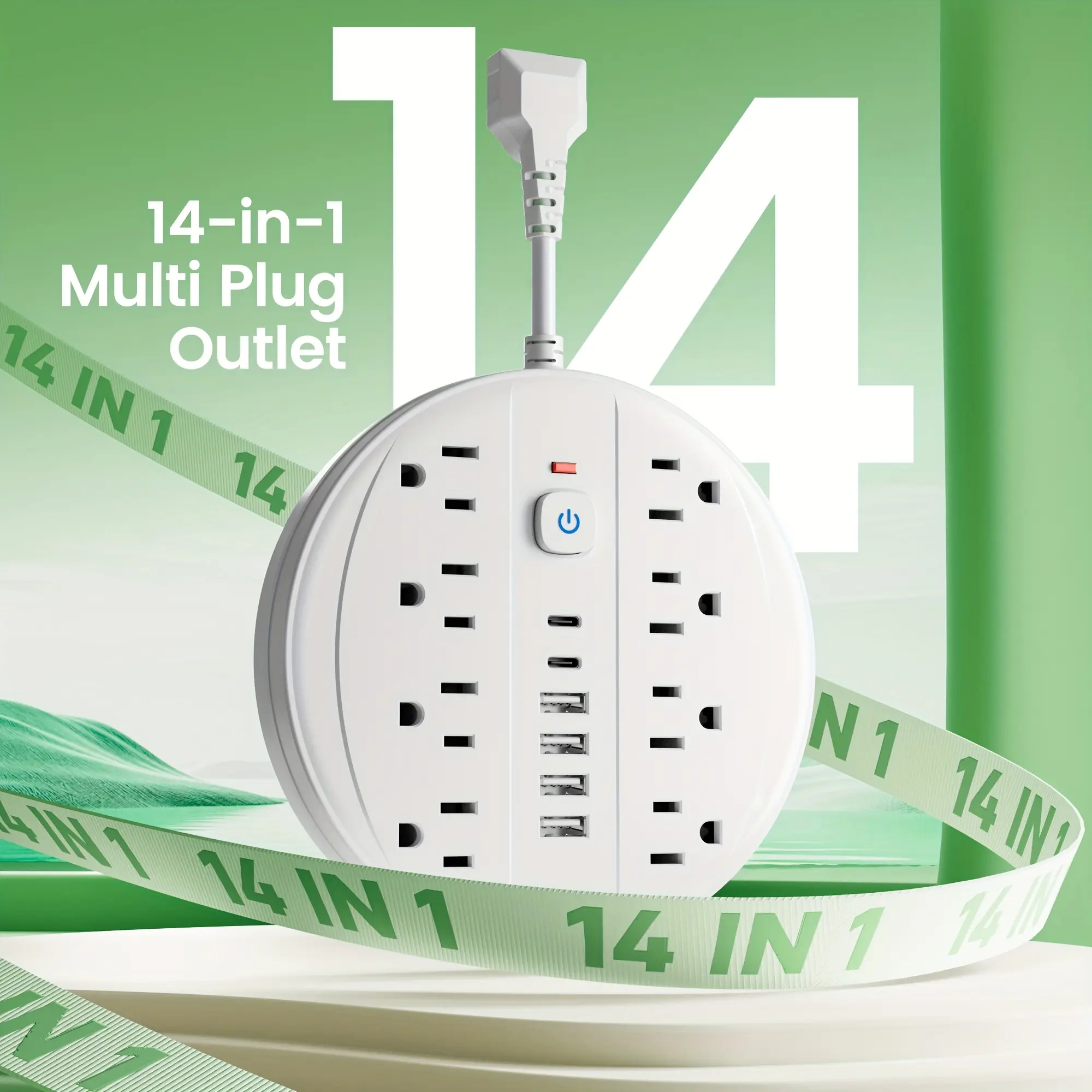 Multi-Outlet Power Strip With Surge Protection And Switch - 8 AC Outlets With 4 USB-A Ports And 2 USB-C Ports, 5 FT/10 FT Extension Cord - For Office, Study, Home, And School Use - Power Socket With Overload Protection