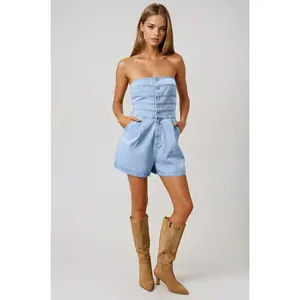 PRE-ORDER: Strapless Denim Romper with Button Detail