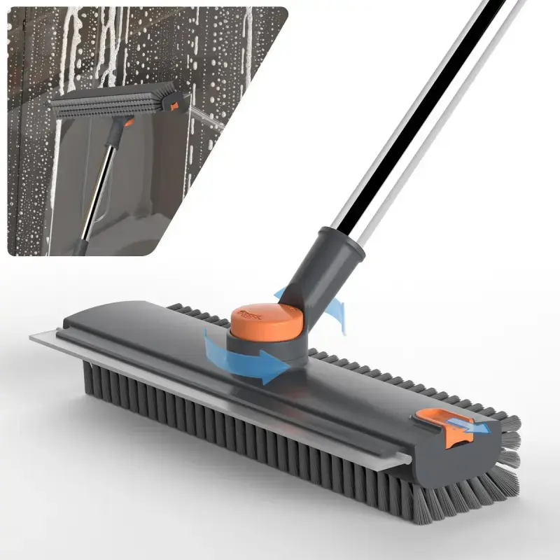 3-in-1 Floor Scrub Brush with 30-48 Inch Adjustable Long Handle, 360° Rotating Locking Head, Heavy-Duty Stiff Bristles, Silicone Squeegee and Hair Clip for Bathtub, Shower, Bathroom, Tile, Kitchen, Patio, Garage, Wall and Deck