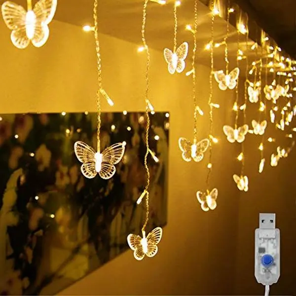 Warm White-Butterfly Curtain Lights, 13.1FT USB Plug-in 96 LED Fairy Curtain Lights with 10 Butterflies, 16 Strands, 8 Modes, Twinkle Window Lights for Bedroom, Wall, Wedding, Party & Christmas Decorations