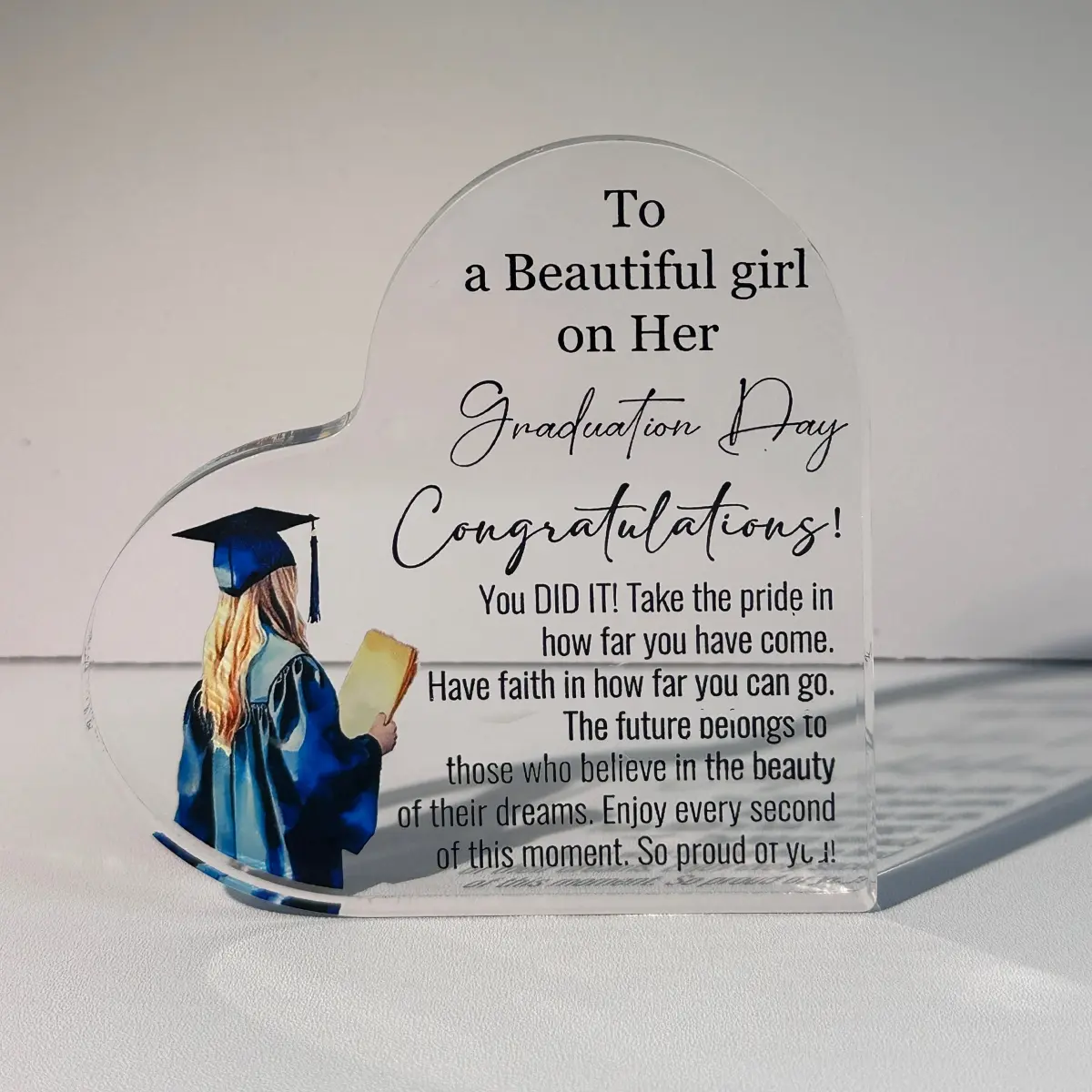 Crystalclear Shine Stable Study Acrylic Heart-Shaped Graduation Sign - 3.94×3.94 in Home Supplies Plaque, Tabletop/Wall Decor for High School Achievements, Women's Graduation Gift