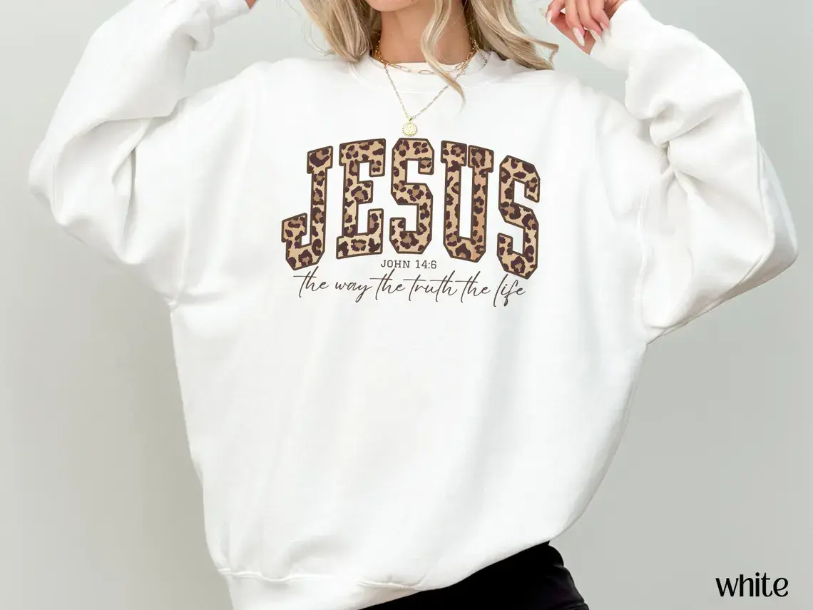 Christian Jesus Sweatshirt, Cheetah Print Bible Verse Sweatshirt, Trendy Faith Apparel Gift, Cute Jesus Lover Gift