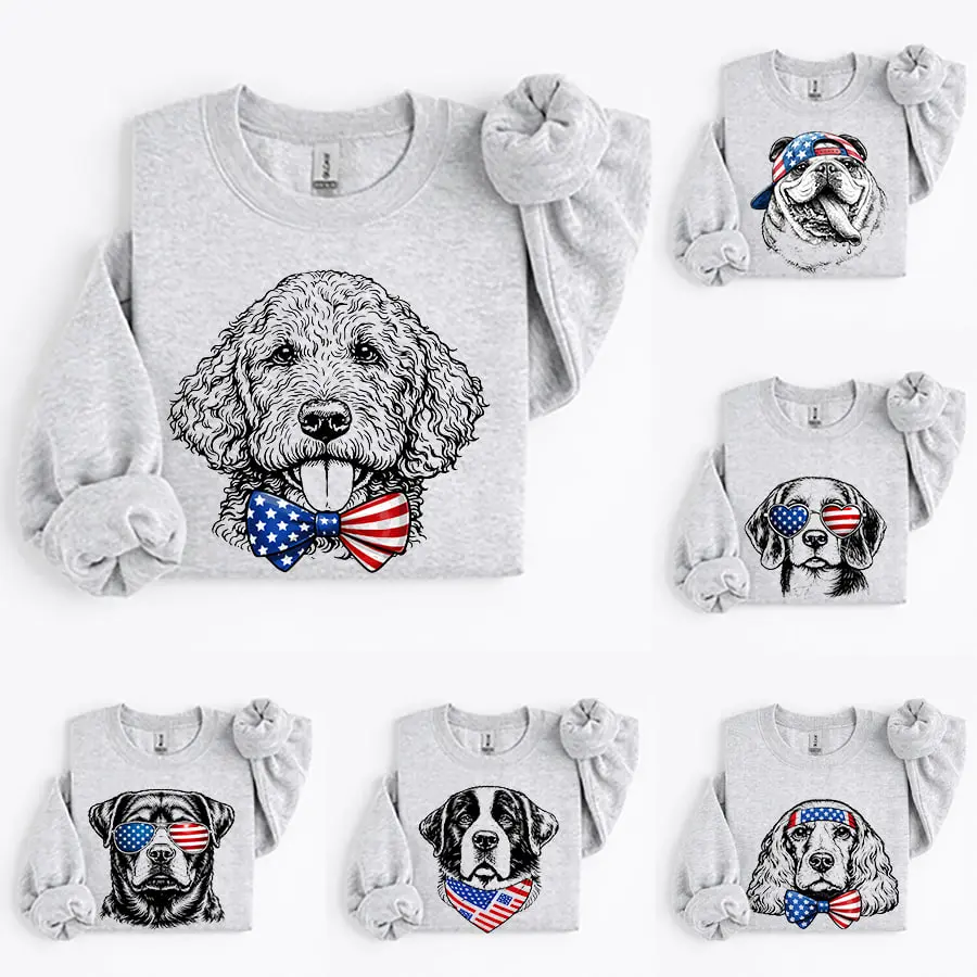 Puppy Love Dog Sweatshirt Showcasing 50 dog breeds in 4th of July Graphic, Cute Puppy Independence Day Shirt for Dog Lovers, printed on a cozy Gildan unisex crew pullover for pet lovers.