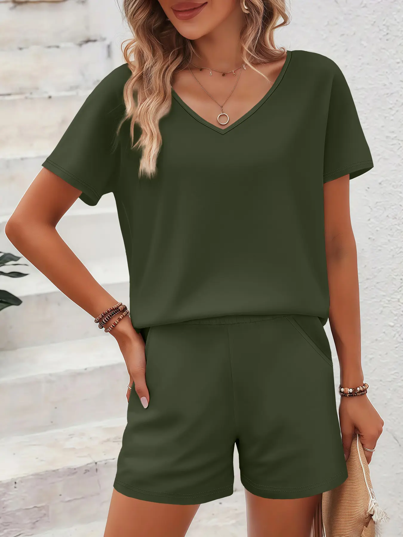 Two-Piece Set Women's Solid Color V Neck Tee & Shorts, Casual Short Sleeve T-shirt & Shorts for Spring & Fall, Ladies Clothes for Daily Wear, Pajama, Loungewear