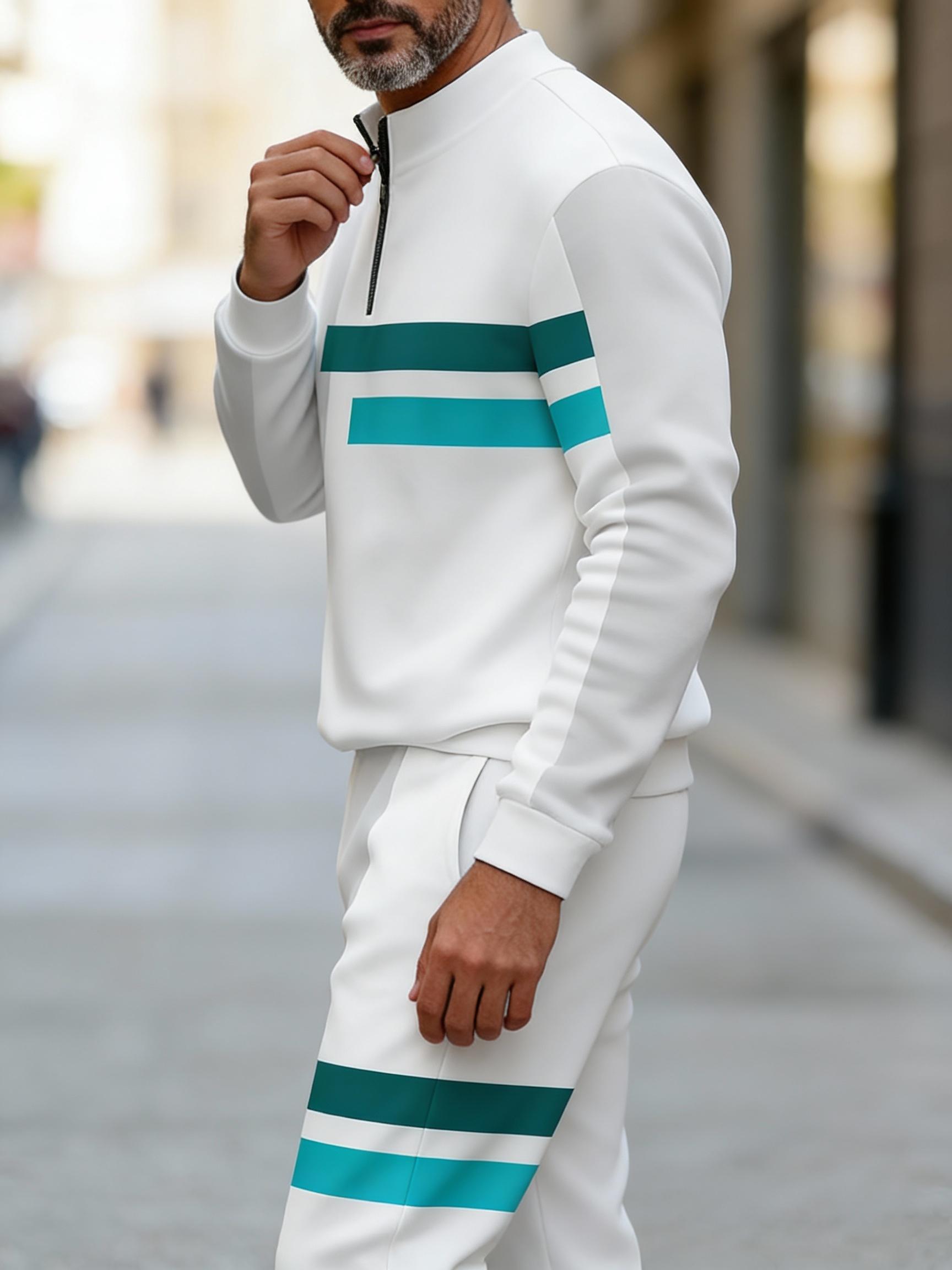 European and American two-piece men's white sports suit | Geometric stripe design, semi open collar | High quality polyester fiber fabric, wrinkle resistant and easy to maintain | Fitness trend, suitable for sports and leisure style European and American two-piece men's white sports suit | Geometric stripe design, semi open collar | High quality polyester fiber fabric, wrinkle resistant and easy to maintain | Fitness trend, suitable for sports and leisure style