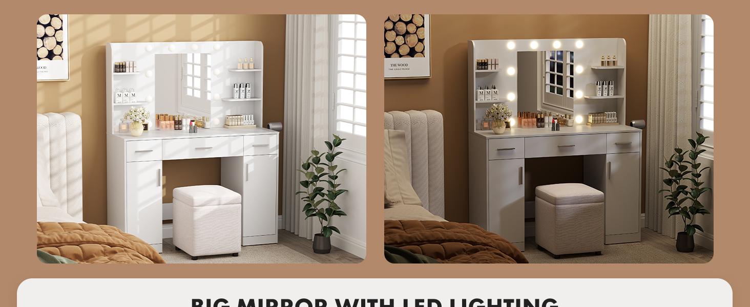 Vanity Desk with Adjustable Lighten Mirror & Power Outlet, Makeup Desk for Bedroom with a Storage Stool and 3 Drawers, 4 Storage Shelves, White Dresser