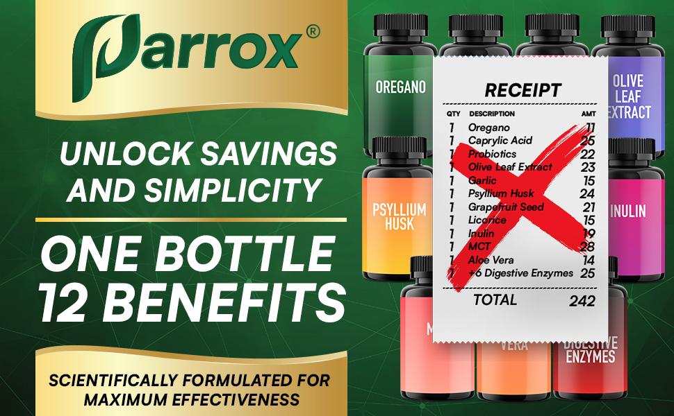 PARROX CanDitox Supplement - Organic Candida Cleanse with Oregano, Caprylic Acid, Probiotics & Extra Strength Ingredients - Gut & Colon Support - 60 Capsules - Made in USA