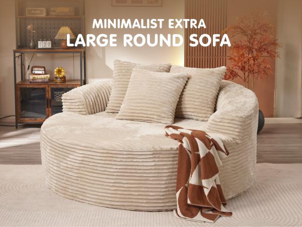 【2 Packages Shipping】Ovios 49" W Boneless Chaise Lounge and 59" W Oversized Round Sofa Bed - Sectional Sofa Set with Flexible Configuration, Plush Corduroy Fabric,No Assembly Required, 5 Pillows included