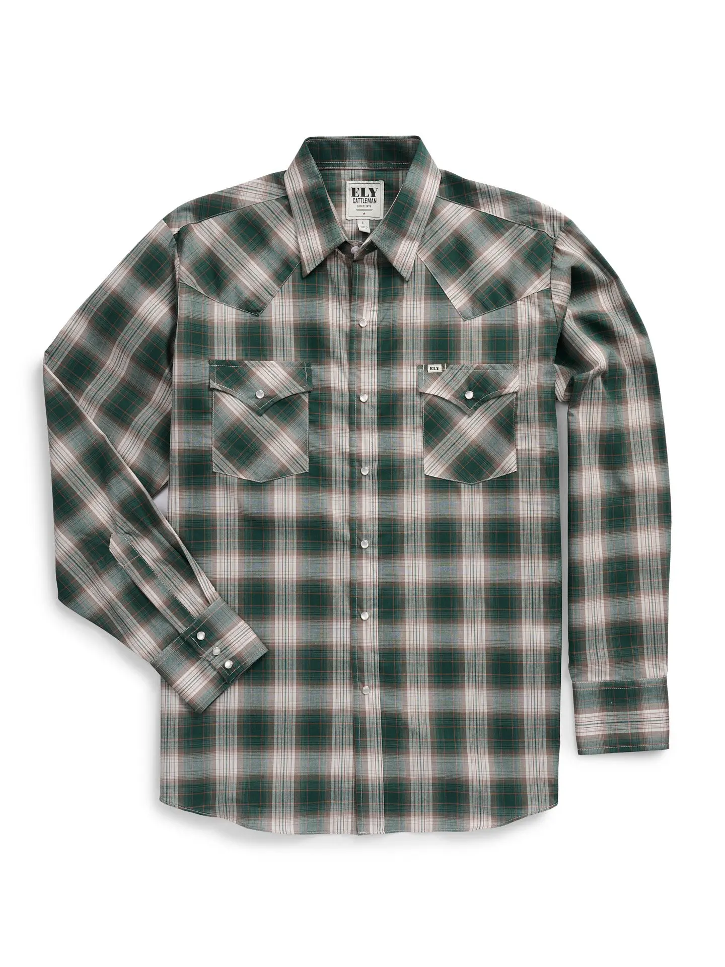 Men's Ely Cattleman Long Sleeve Textured Plaid Western Snap Shirt - Green, Cowboy Style, Polyester Fabric, With Pocket (Pair with Jeans)