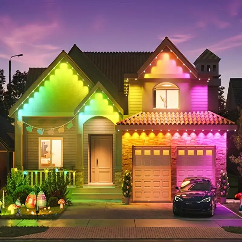56/105ft Smart Permanent Outdoor Eave Lights with High Brightness Convex Mirror Beads & 63 Lighting Modes IP67 Waterproof RGBIC Ambient String Lights Controlled by APP and Remote Works with Google Home & Alexa