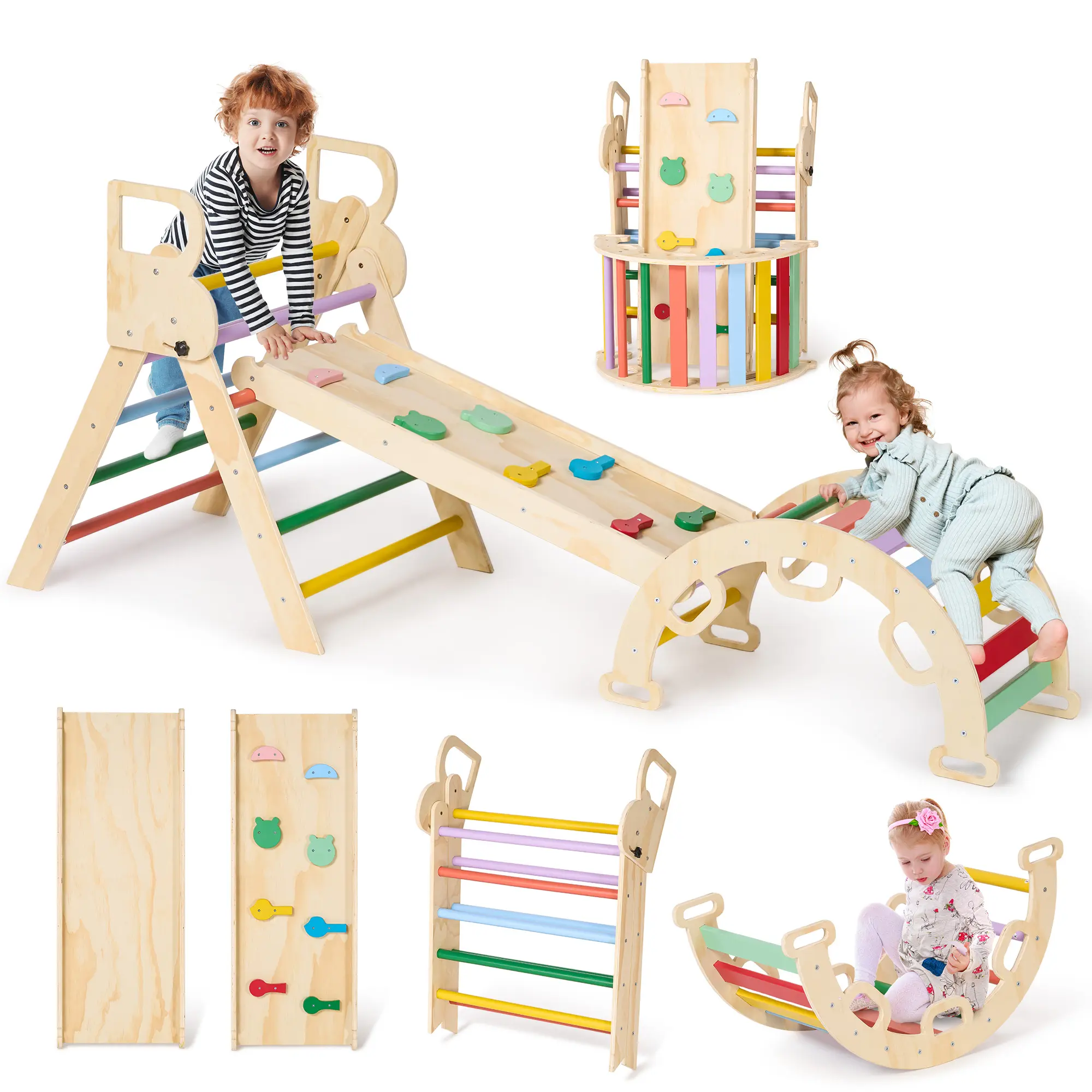 Climbing Set 8 in 1 Pikler Triangle Set Toddler Climbing Indoor Kids Playground with Pamp Arch and Foldable Triangle 3-6 Years Old