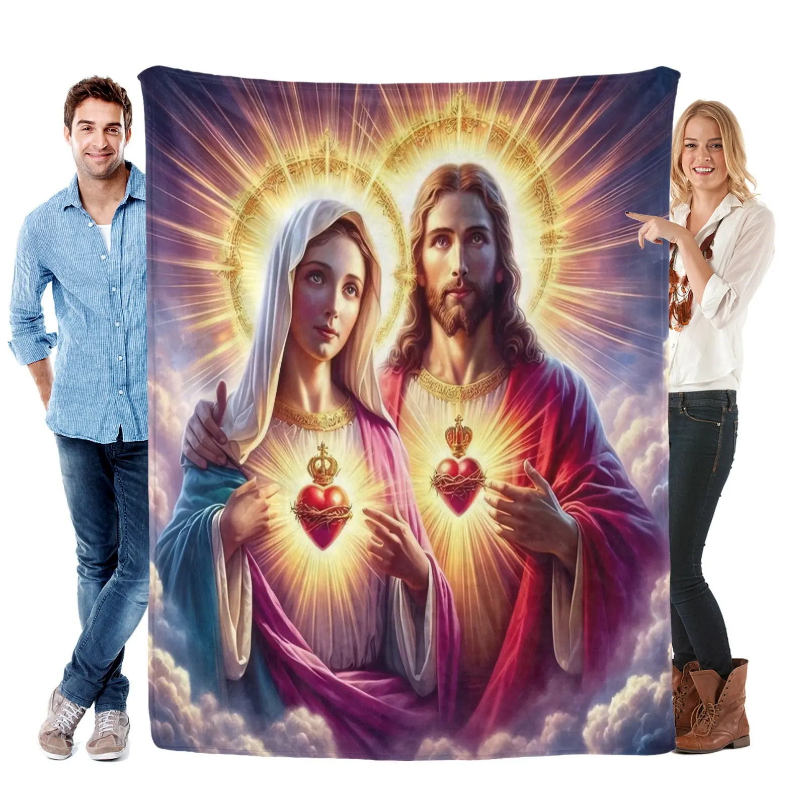 Durable Sacred Heart of Jesus & Mary Flannel Religious Blanket - Heartwarming Blanket Gift for Believers, Home Decor Couch Addition for Cosy Snuggling & Devotional Charm