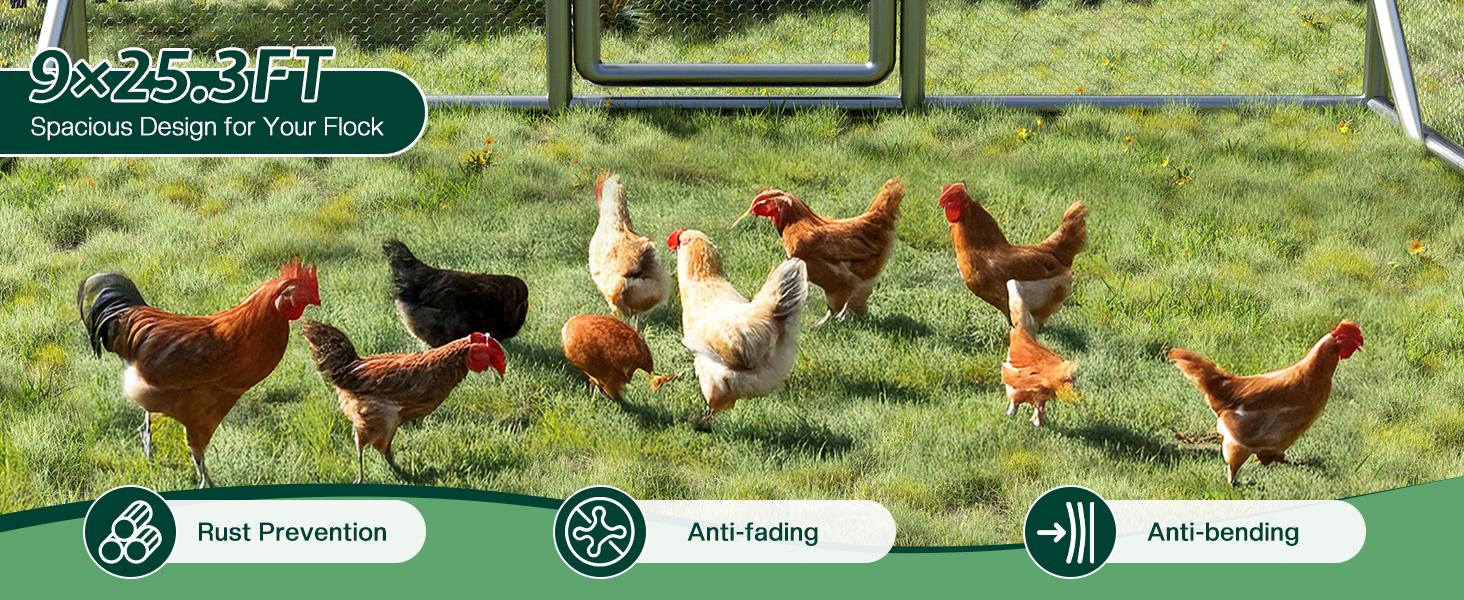 VanAcc Large Chicken Coop with Perch and Hinged Door, Spire Roof Walk-in Chicken Run with Metal Frame and PE Cover for Backyard Poultry, Ducks, Rabbits